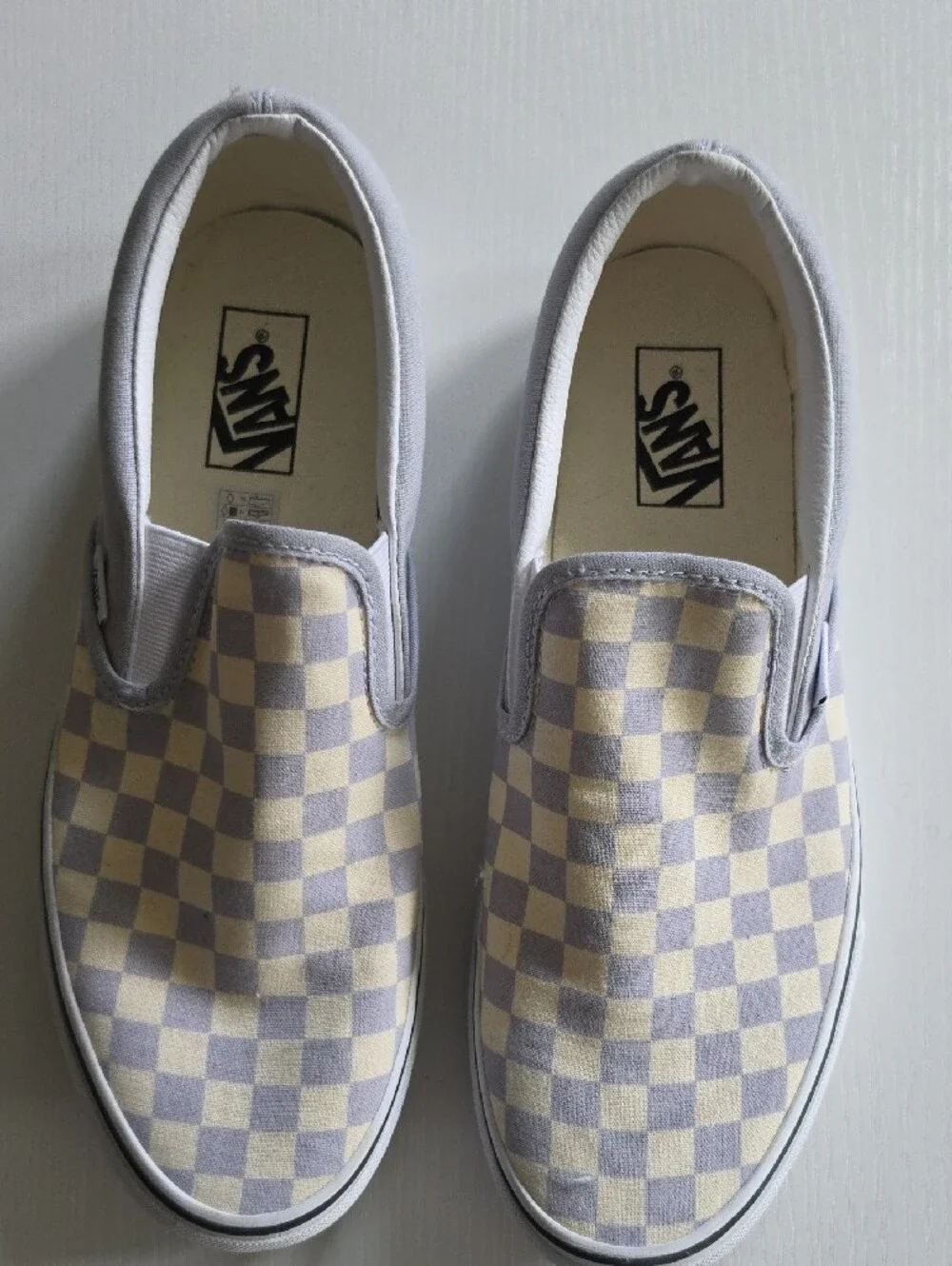 Mens Vans Slip-On Checkerboard Sneakers in Light Gray and Cream Like New